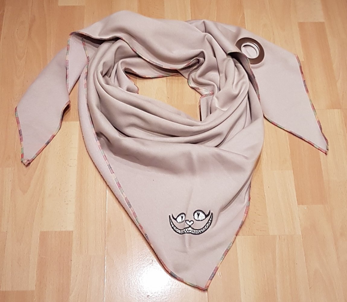 XXL Dreieckstuch Schal beige Grinsekatze Öse Handmade