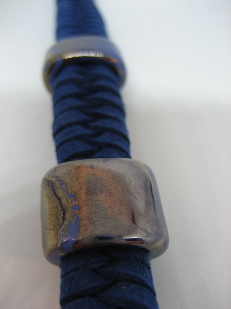 Armband, Leder, blau, Handarbeit, Glas