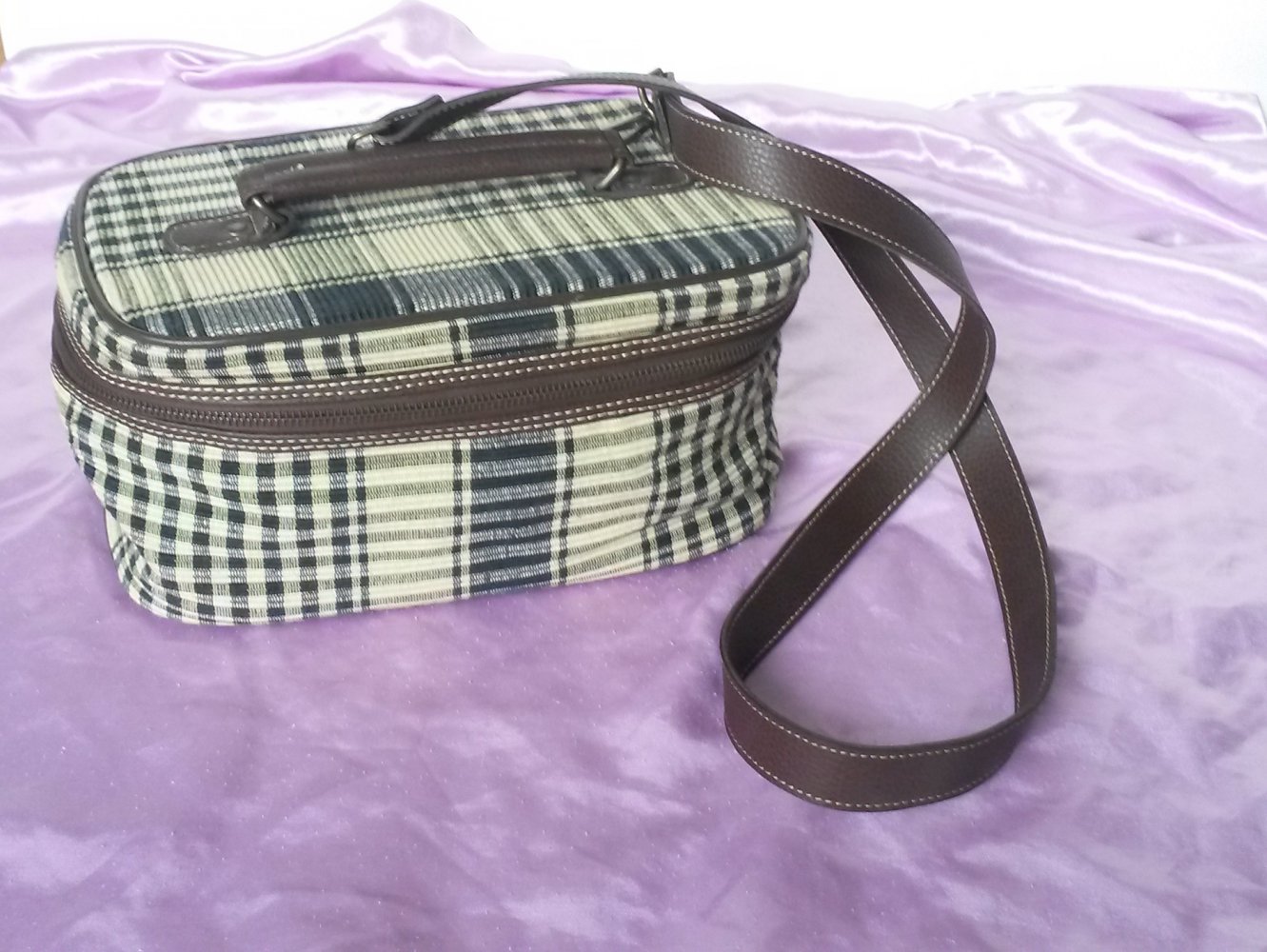 große Kosmetiktasche kariert Vintage Schultertasche