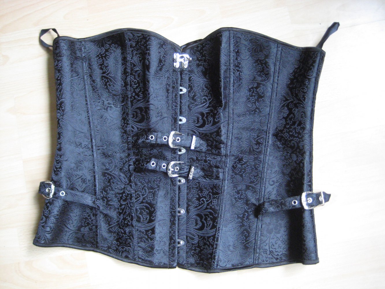 Schwarze Modekorsage mit Blumenmuster, mieder, korsage, corsage, mittelalter, gothic, schwarz, silber, karneval, kostüm, curvy, plussize, dessous, lingerie, burlesque 