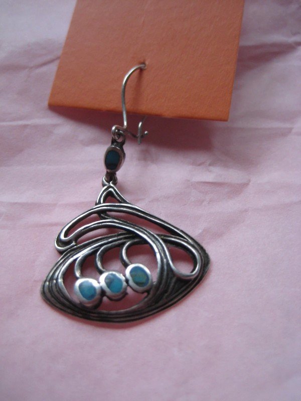 Schöner Silber Ohrhänger! türkis, silber, echtsilber, 525er, ohrring, ohrhänger, zweites ohrloch, einzeln, einzelhänger, schnörkel, verschlungen, edelsteinDHL/
