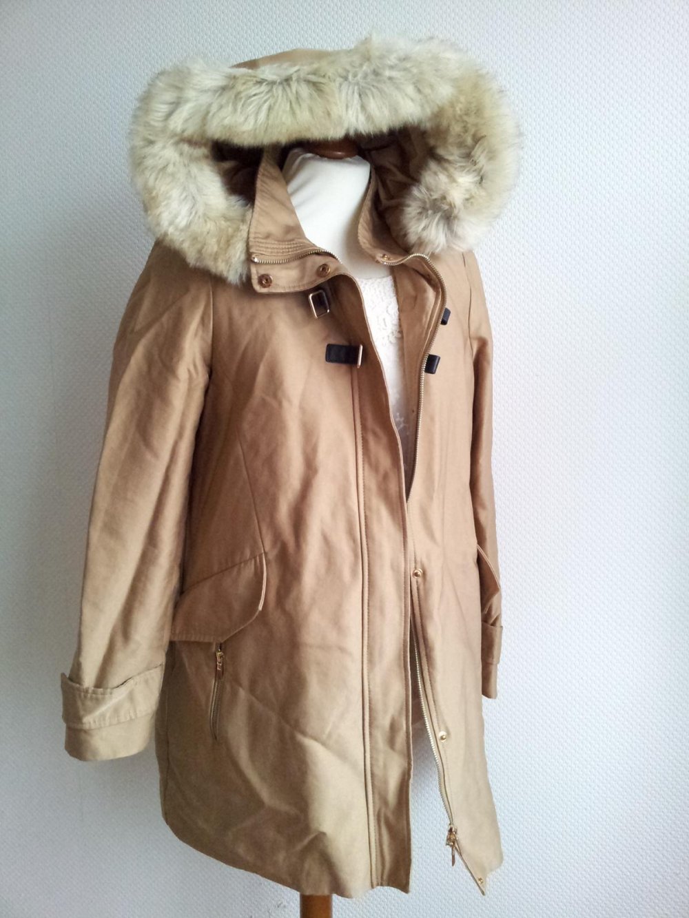 Mango Jacke Kurzmantel, L 40, Cognacbraun Beige, Duffle Teddyfell