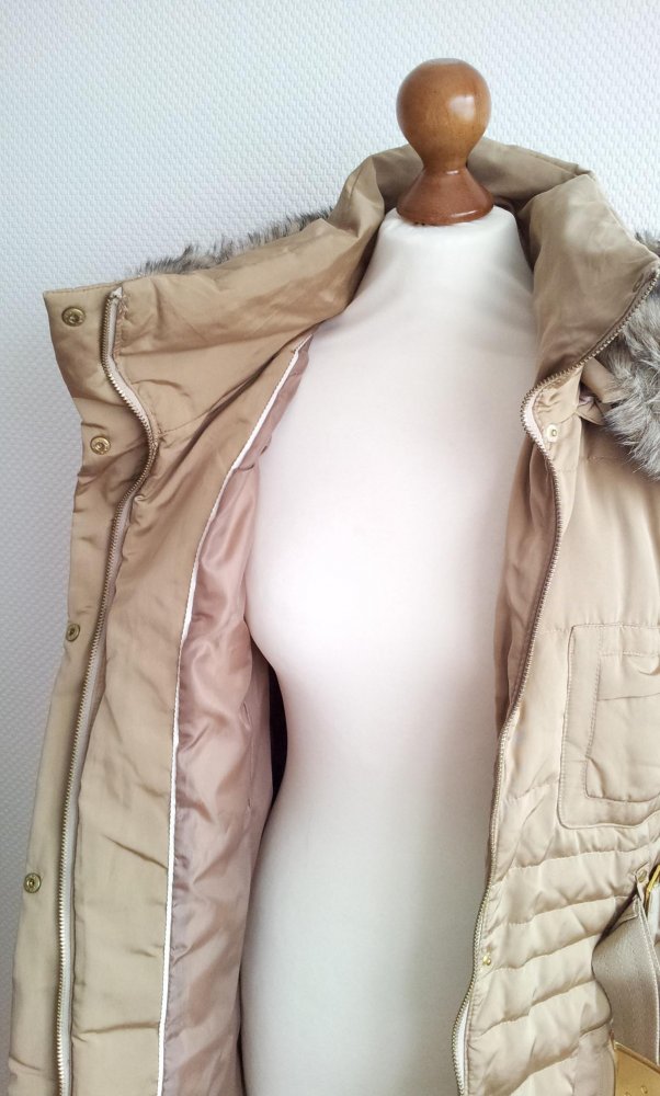 Mango Steppmantel Daunenjacke in L 40, Beige Gold, Gürtel Kapuze