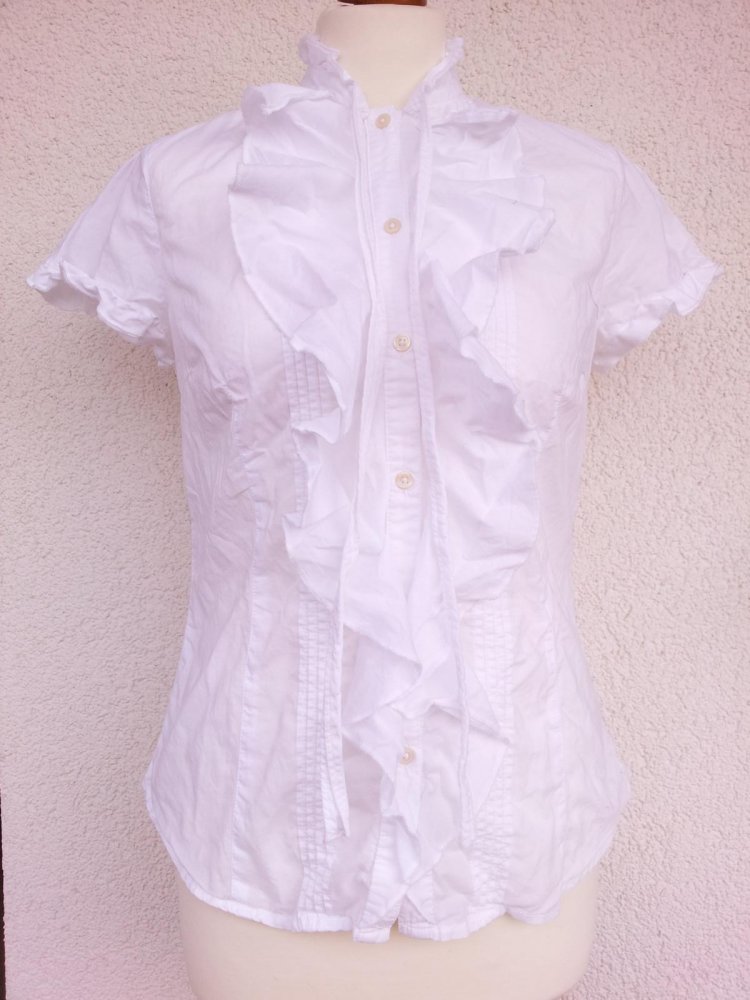 Esprit Kurzarm-Bluse in S 36, Weiß, Volants Schluppe Biesen, neu