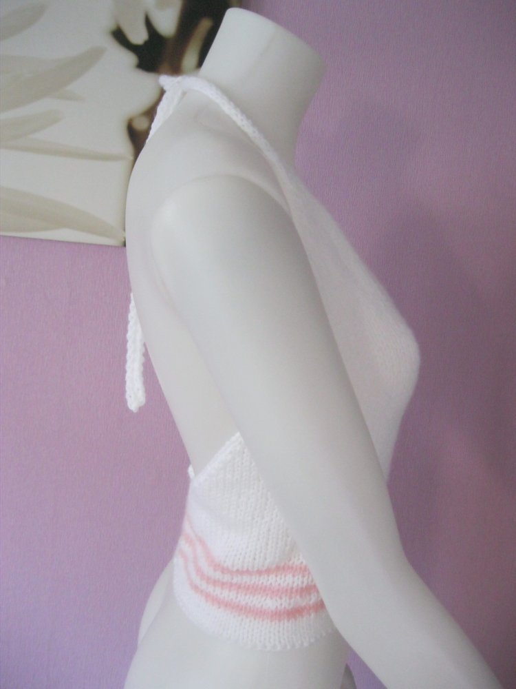 NEU Neckholder-Top gestrickt Handmade Blumen Weiß/Rosa S-M