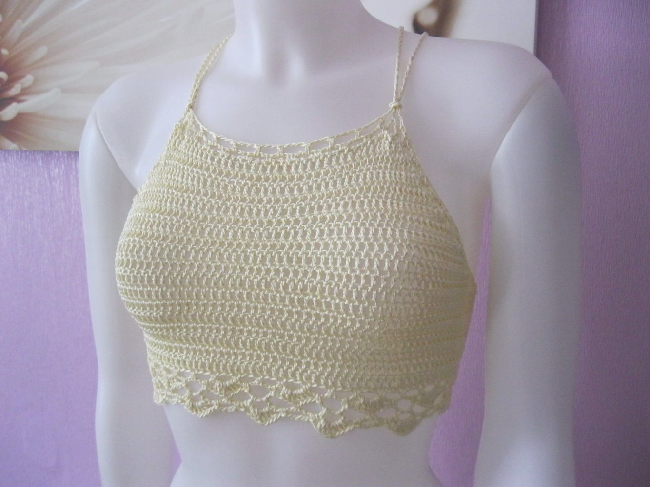 NEU Crop-Top Spitze 100% Baumwolle Beige Handmade S-L
