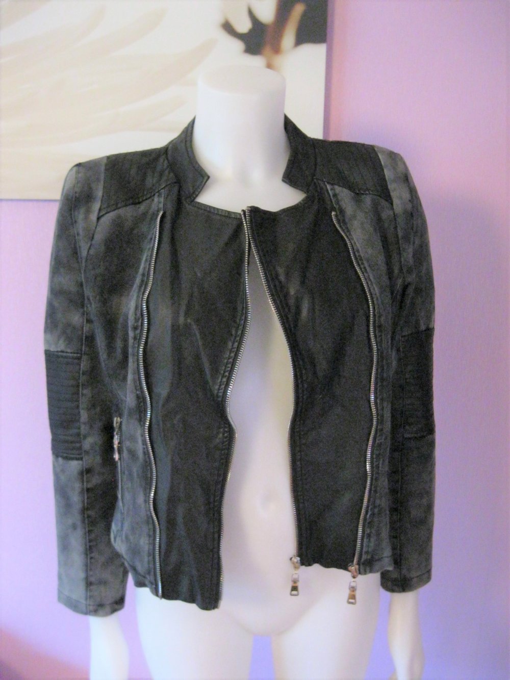 Kurz-Jacke # Schwarz # Baumwolle/Kunstleder # Schwarz # 40