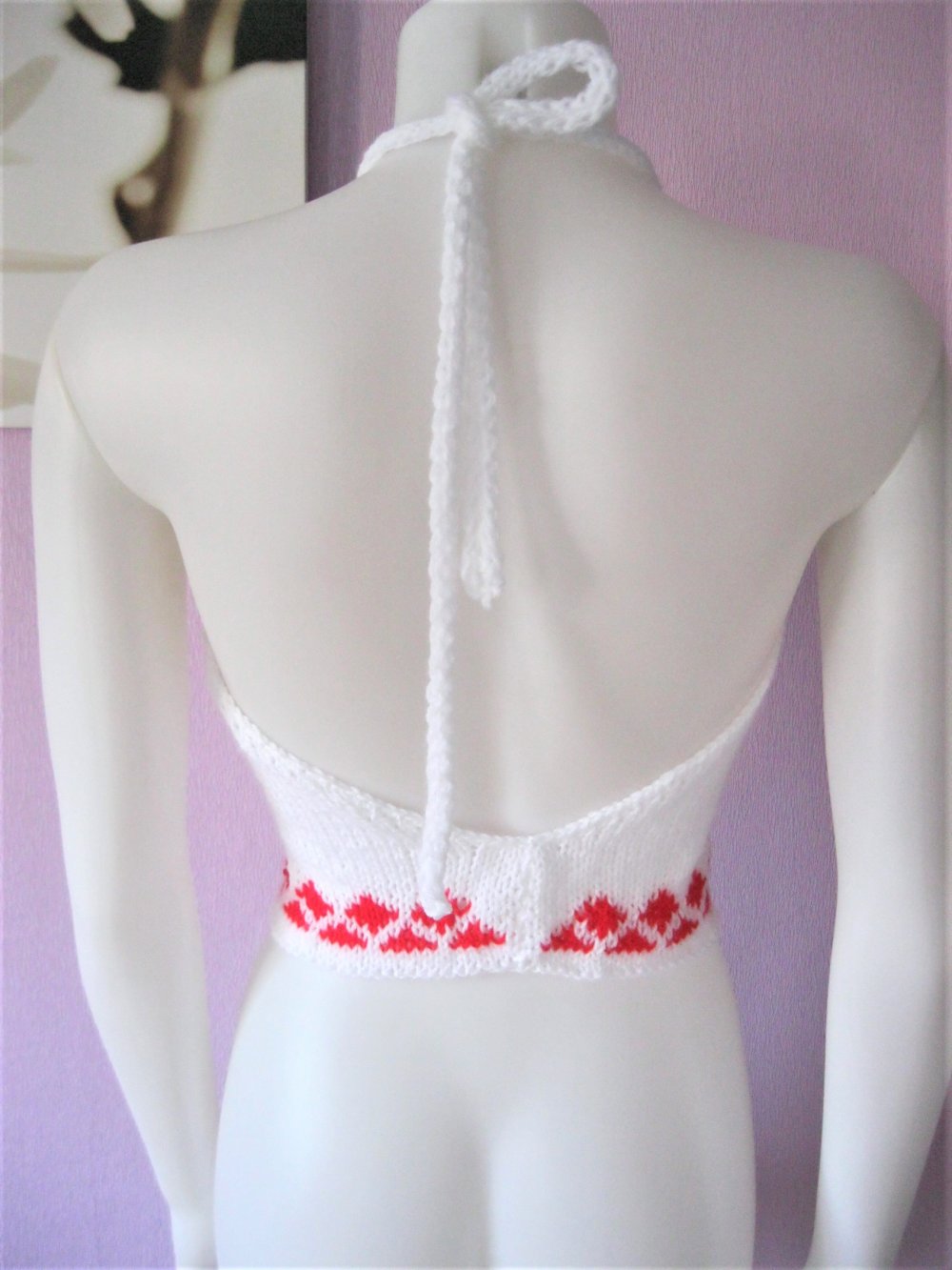 NEU Neckholder-Top gestrickt Handmade Rautenmuster Weiß/Rot S-M
