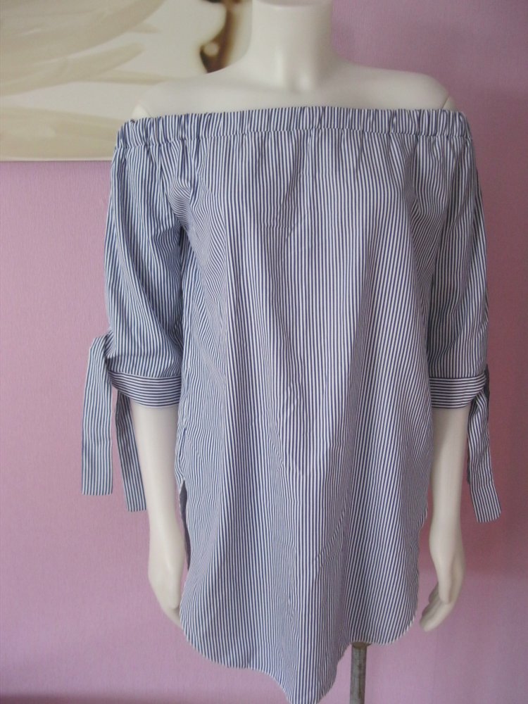 Bluse # gestreift # Halbarm # Carmen-Ausschnitt # Blau/Weiß # Baumwolle #  38