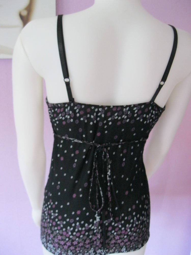 Spaghetti -Top # schwarz/Blumenprint # XS-M