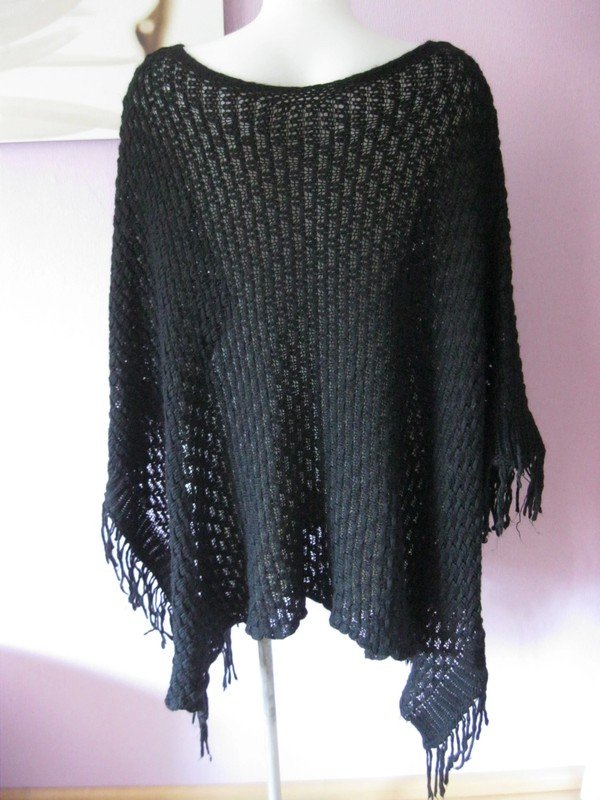 Made In Italy Poncho Strick Lana Alpaka Fransen Schwarz Einheitsgröße