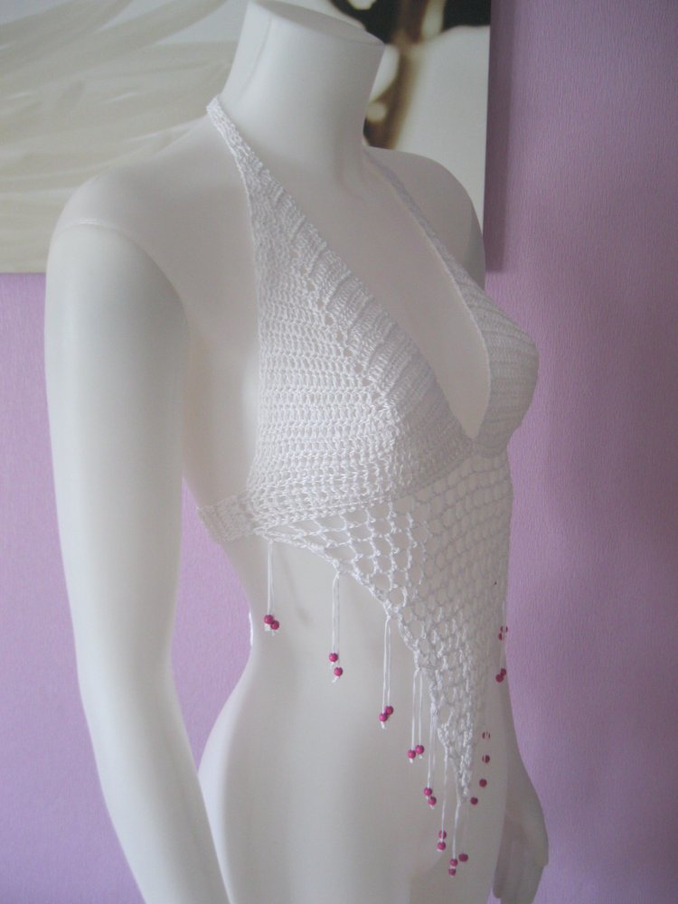 NEU Bikini-Oberteil gehäkelt Vintage Weiß 100% Baumwolle Cup A/B S/M