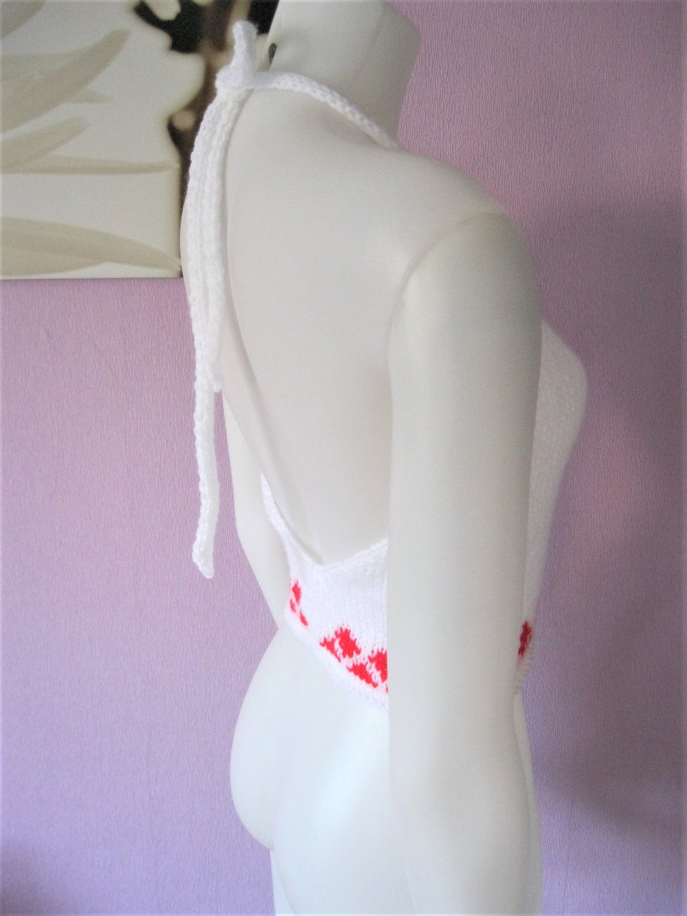 NEU Neckholder-Top gestrickt Handmade Rautenmuster Weiß/Rot S-M