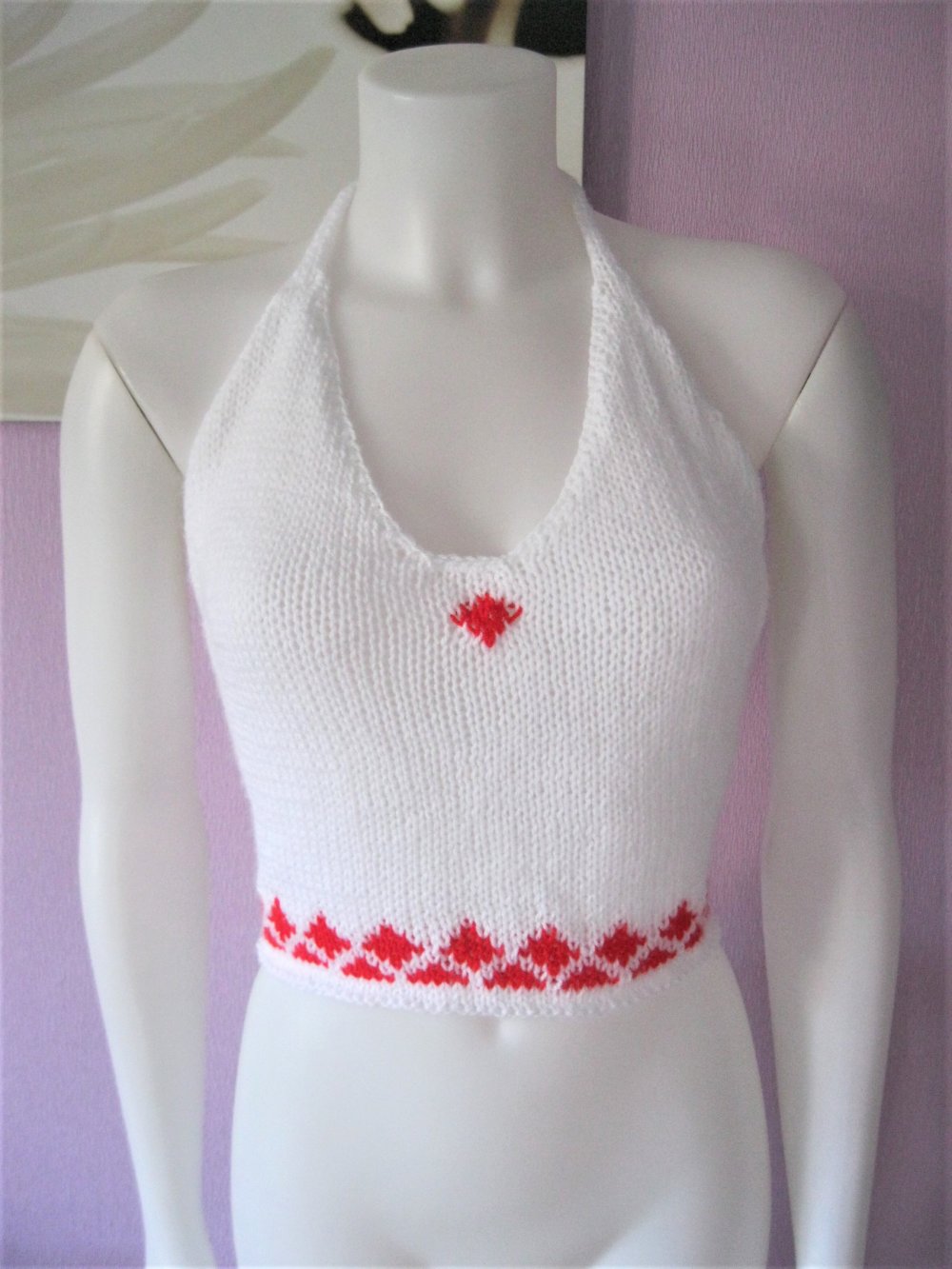 NEU Neckholder-Top gestrickt Handmade Rautenmuster Weiß/Rot S-M