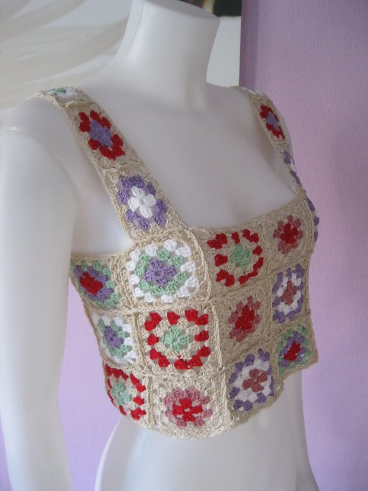 Crop Top Vintage Baumwolle Unikat beige/bunt S/M