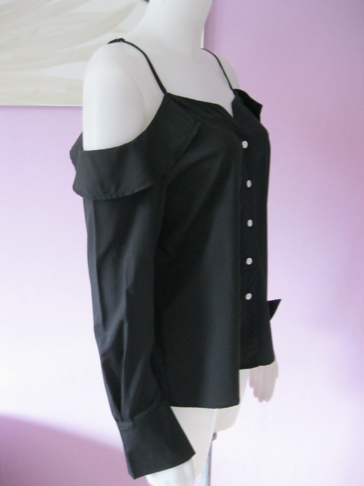 NEU Bluse langärmlig schulterfrei Volants Baumwolle Schwarz L