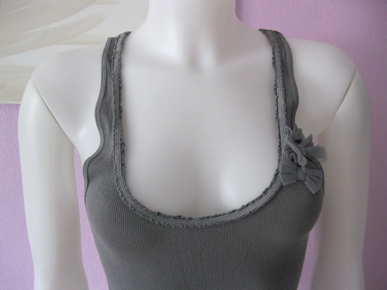 Hollister Tanktop Ringershirt Feinripp Baumwolle Grau L