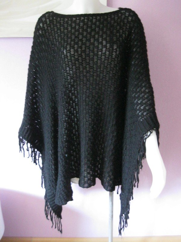 Made In Italy Poncho Strick Lana Alpaka Fransen Schwarz Einheitsgröße