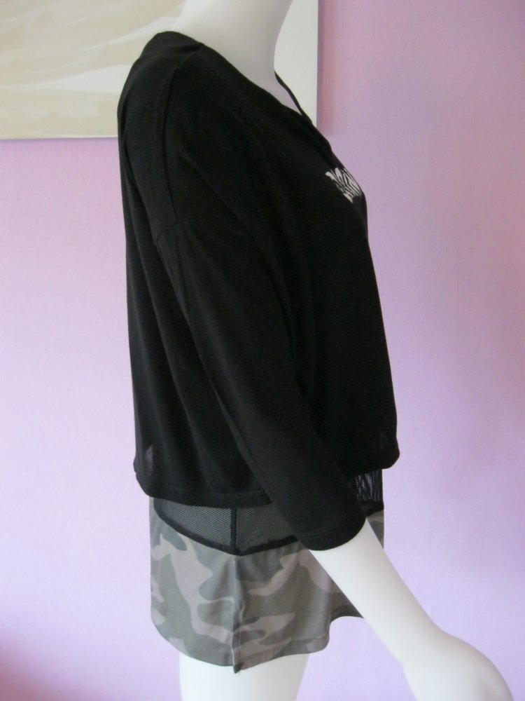 Crop-Shirt mit Netztop # Schwarz/Camouflage # S/M