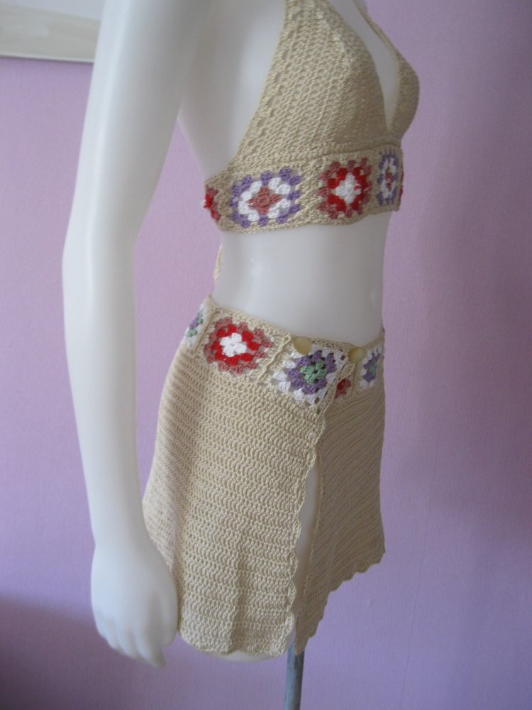 2-Teiler Rock + Neckholder-Top 100% Baumwolle Cup A/B beige/bunt