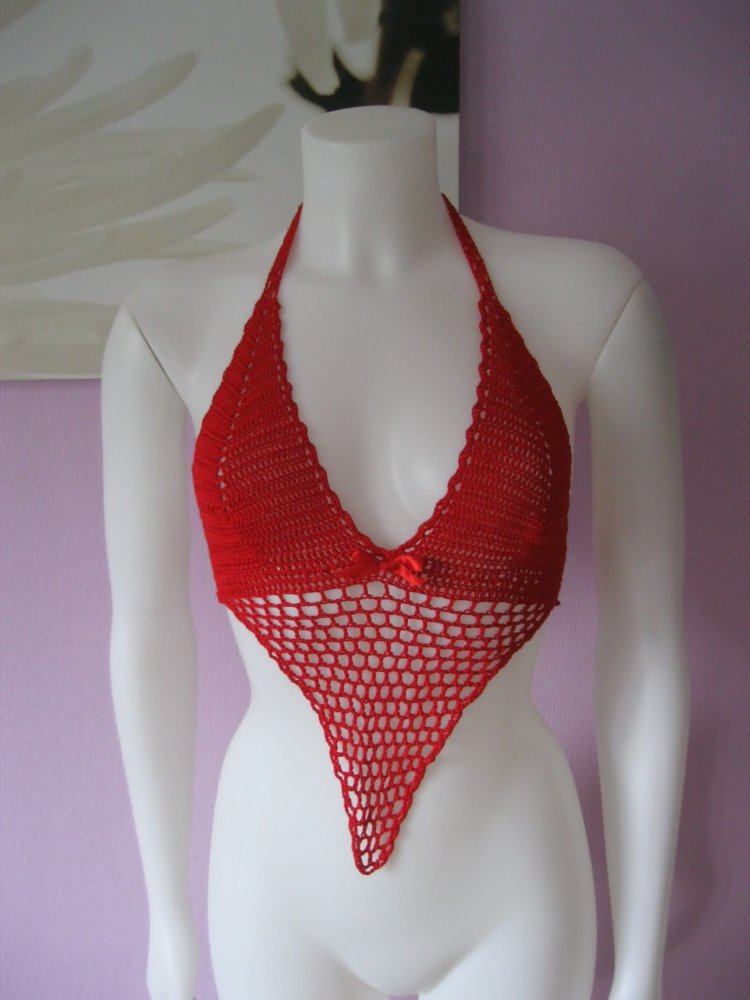 Bikini-Oberteil  Handmade  Netzspitze100% Baumwolle rot Vintage Cup A/B