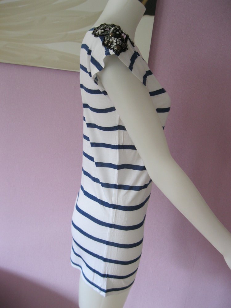 Long-Shirt # Kurzarm # H&M # gestreift # Blau/Weiß # Strass/Nieten/Perlen # 34