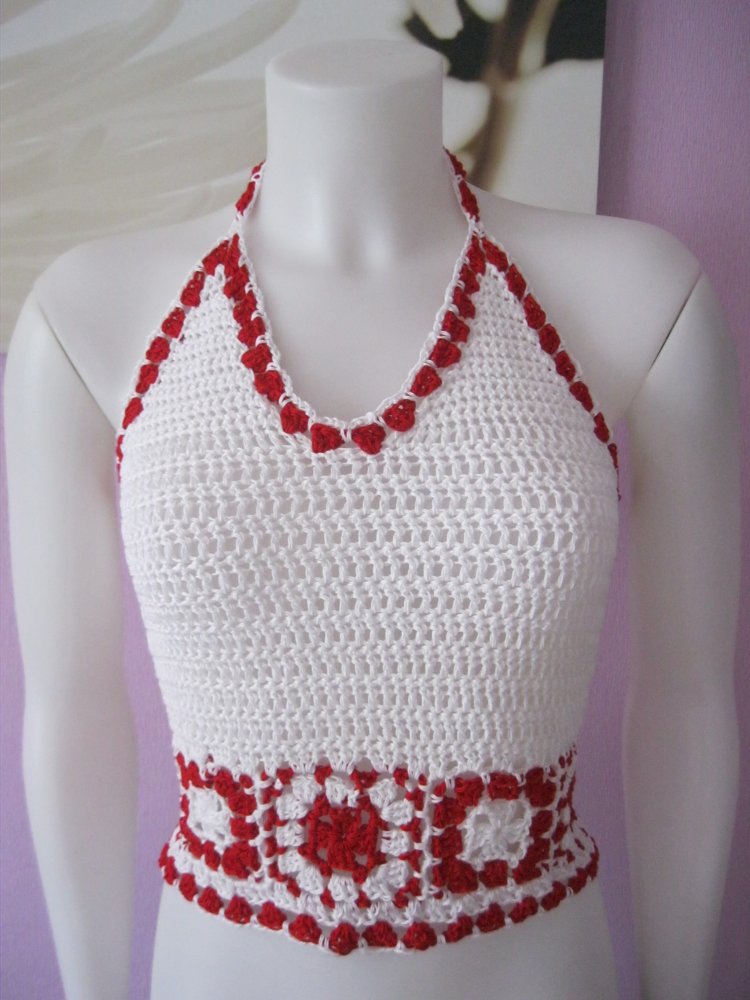 NEU Neckholder-Top Vintage Design Handmade gehäkelt Baumwolle Weiß / Rot S-M