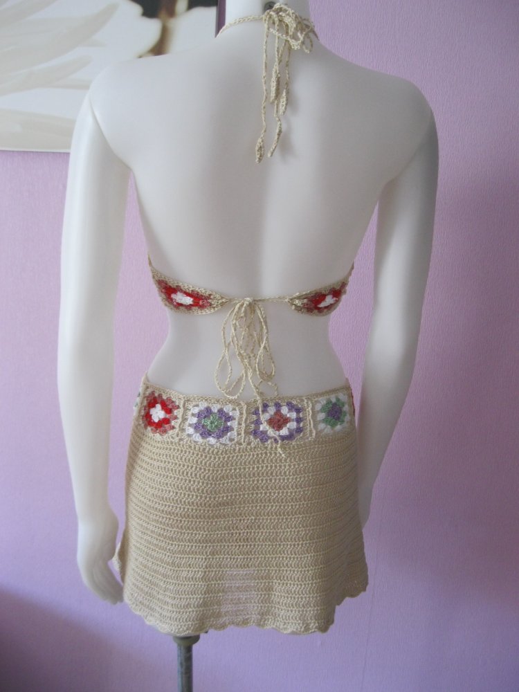 2-Teiler Rock + Neckholder-Top 100% Baumwolle Cup A/B beige/bunt