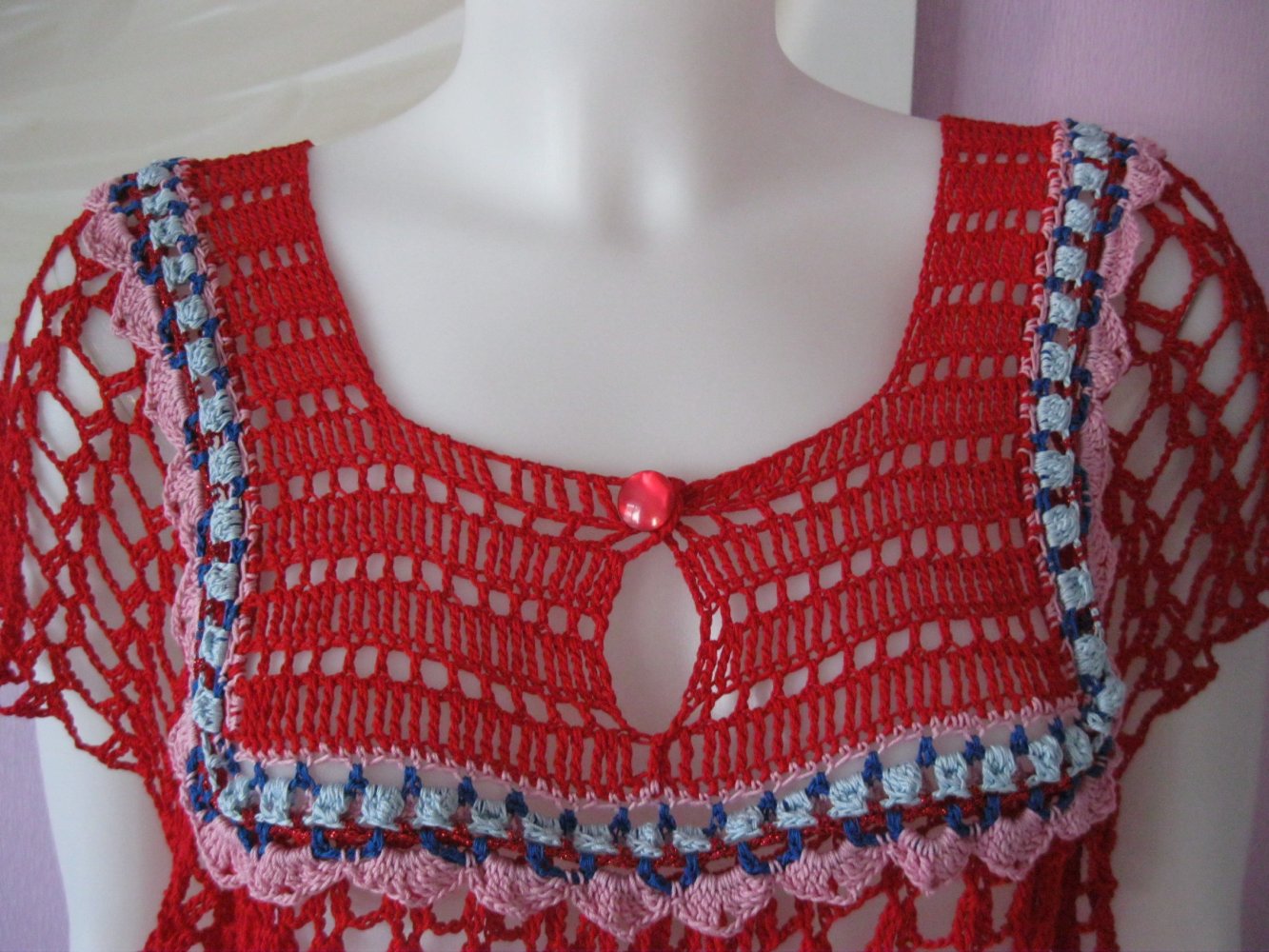 NEU # gehäkelte Tunika # Handmade # Unikat # 100% Baumwolle # Fächermuster # Rot # Einheitsgröße