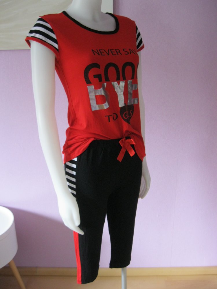 2-Teiler # Pepa # Kurze Leggins # T-Shirt # 100% Baumwolle # Schwarz/Rot/Weiß # XXL