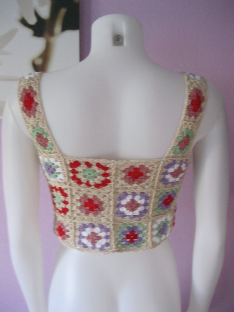 Crop Top Vintage Baumwolle Unikat beige/bunt S/M
