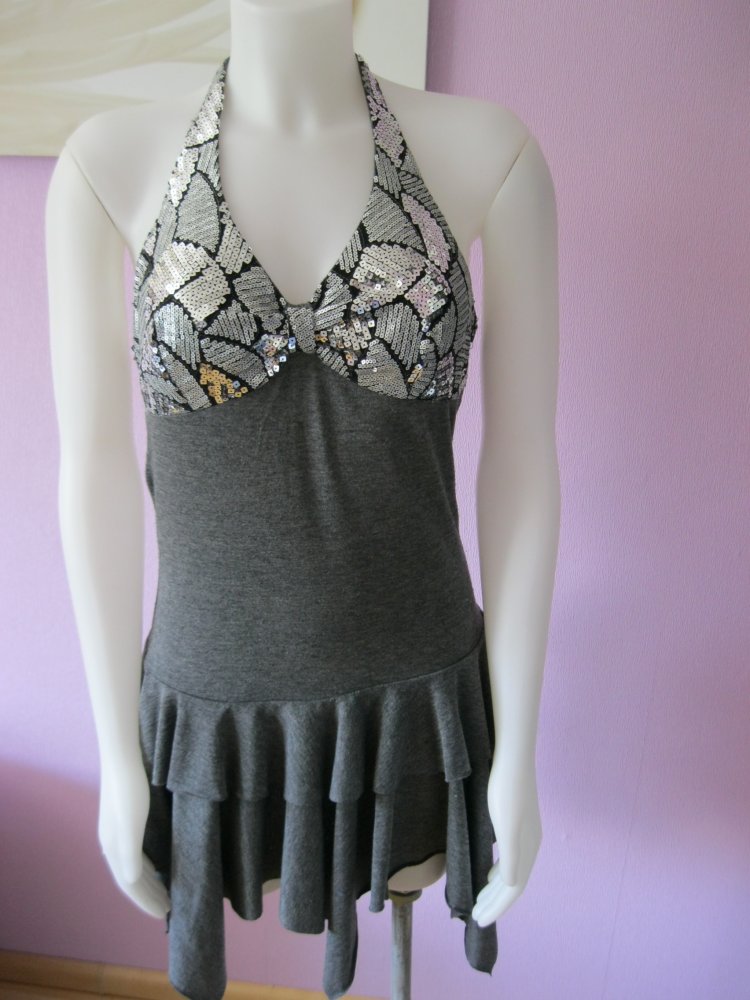Minikleid # Neckholder # Volants# grau/silber # S/M