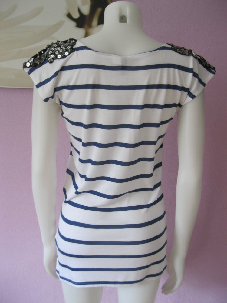 Long-Shirt # Kurzarm # H&M # gestreift # Blau/Weiß # Strass/Nieten/Perlen # 34