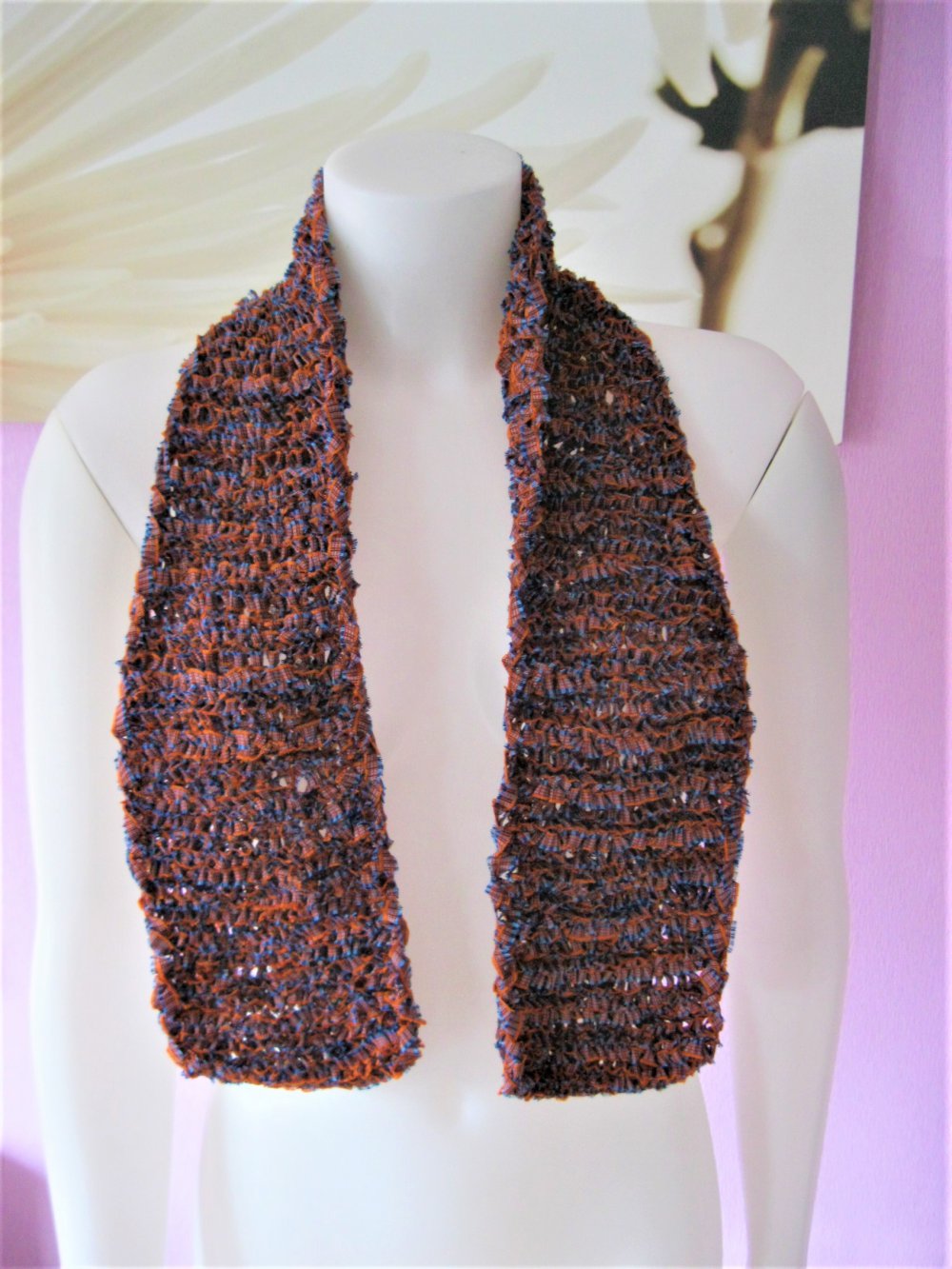 NEU ärmelloser Pulli/Pullunder mit Schal gestrickt Handmade Blau/orange meliert S-L