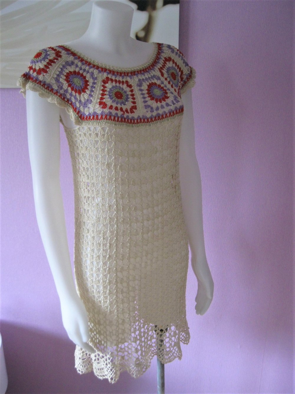 NEU Häkelkleid Hippie Style 100% Baumwolle handmade Beige/Bunt S-L