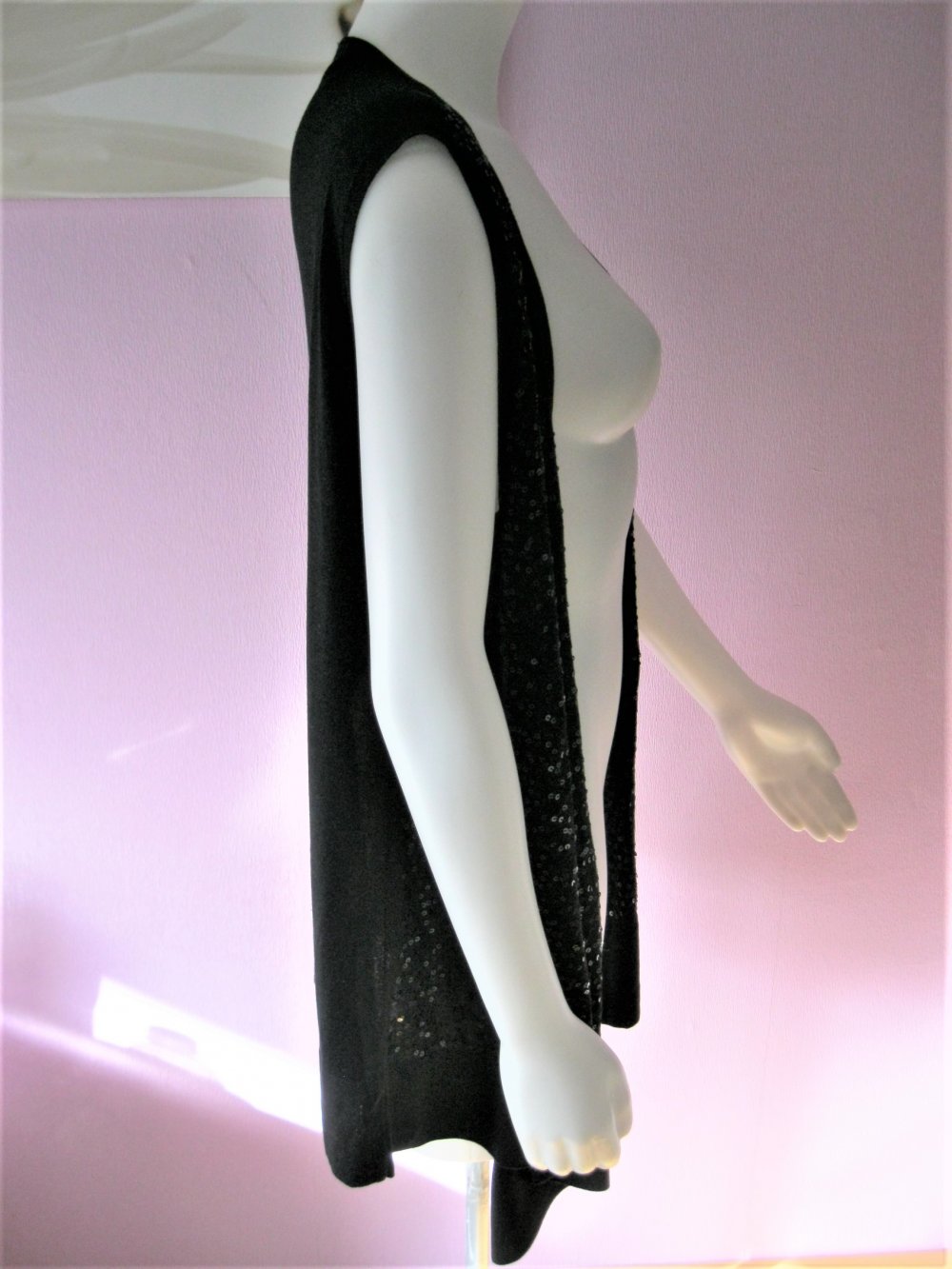 Cardigan # Strickjacke # Ärmellos # Pailletten # Feinstrick # Schwarz # M/L