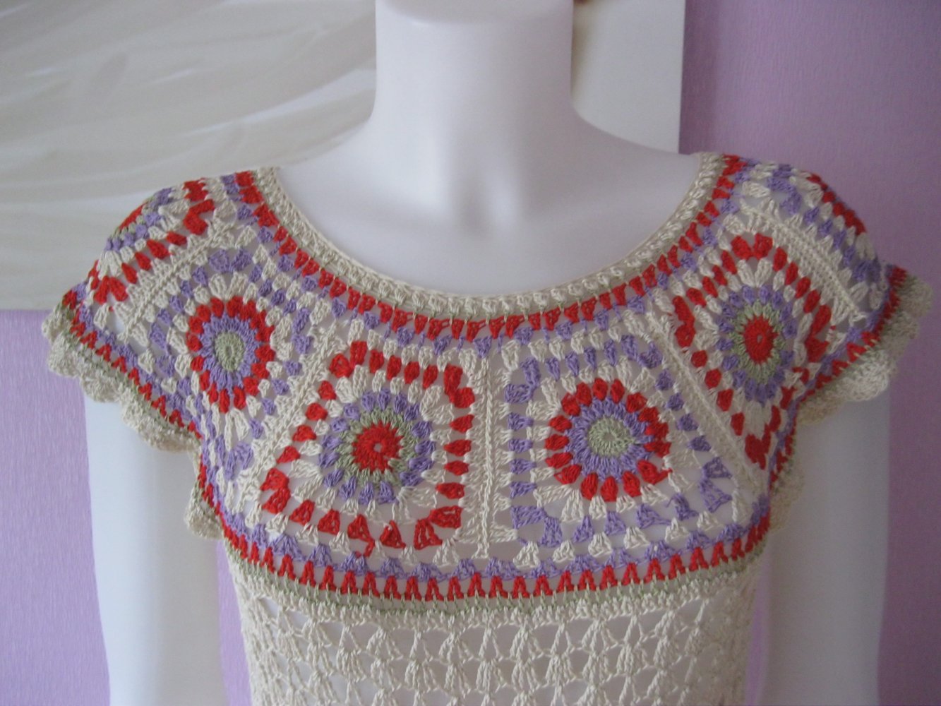 NEU Häkelkleid Hippie Style 100% Baumwolle handmade Beige/Bunt S-L