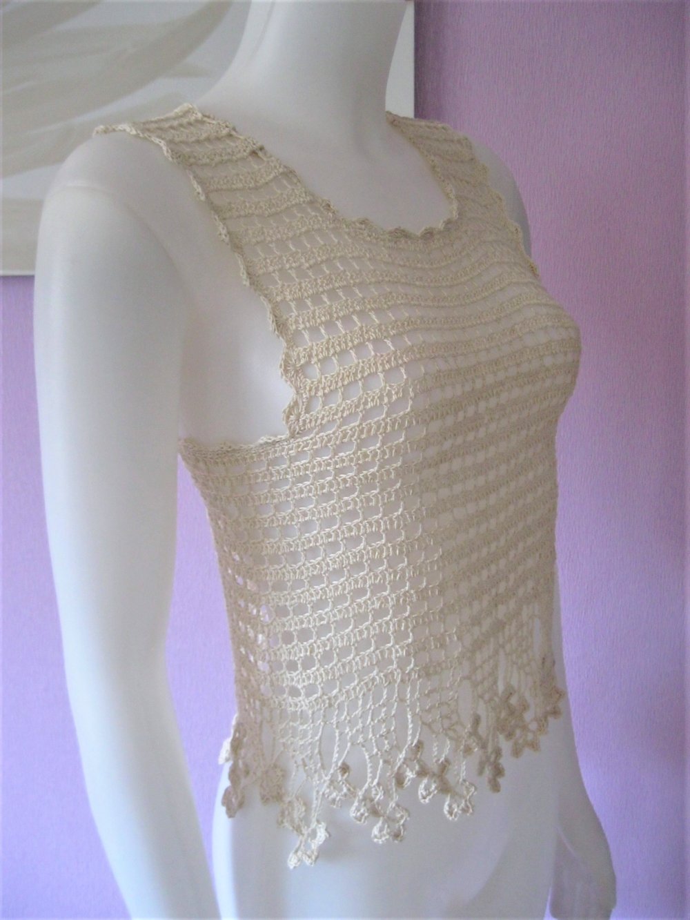 NEU Tank-Top Handmade gehäkelt 100% Baumwolle Beige S/M