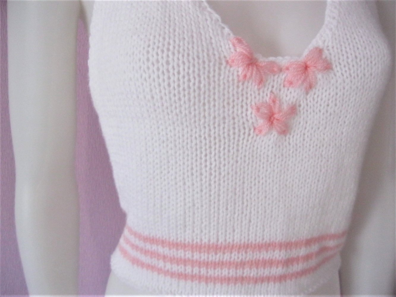 NEU Neckholder-Top gestrickt Handmade Blumen Weiß/Rosa S-M