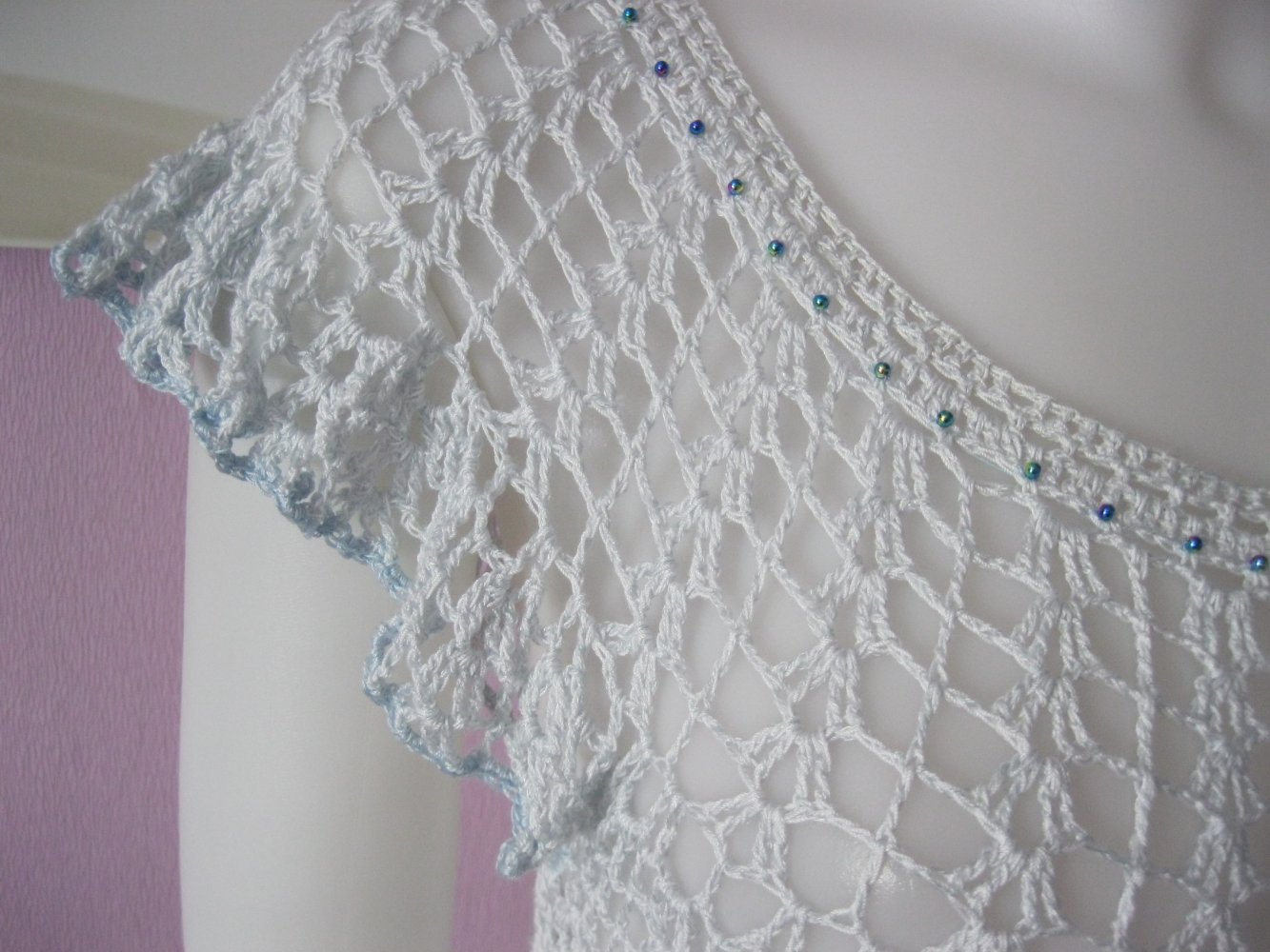 NEU Häkel-Shirt Bluse Baumwolle/Viskose Perlen blau Handmade S-L Hellblau