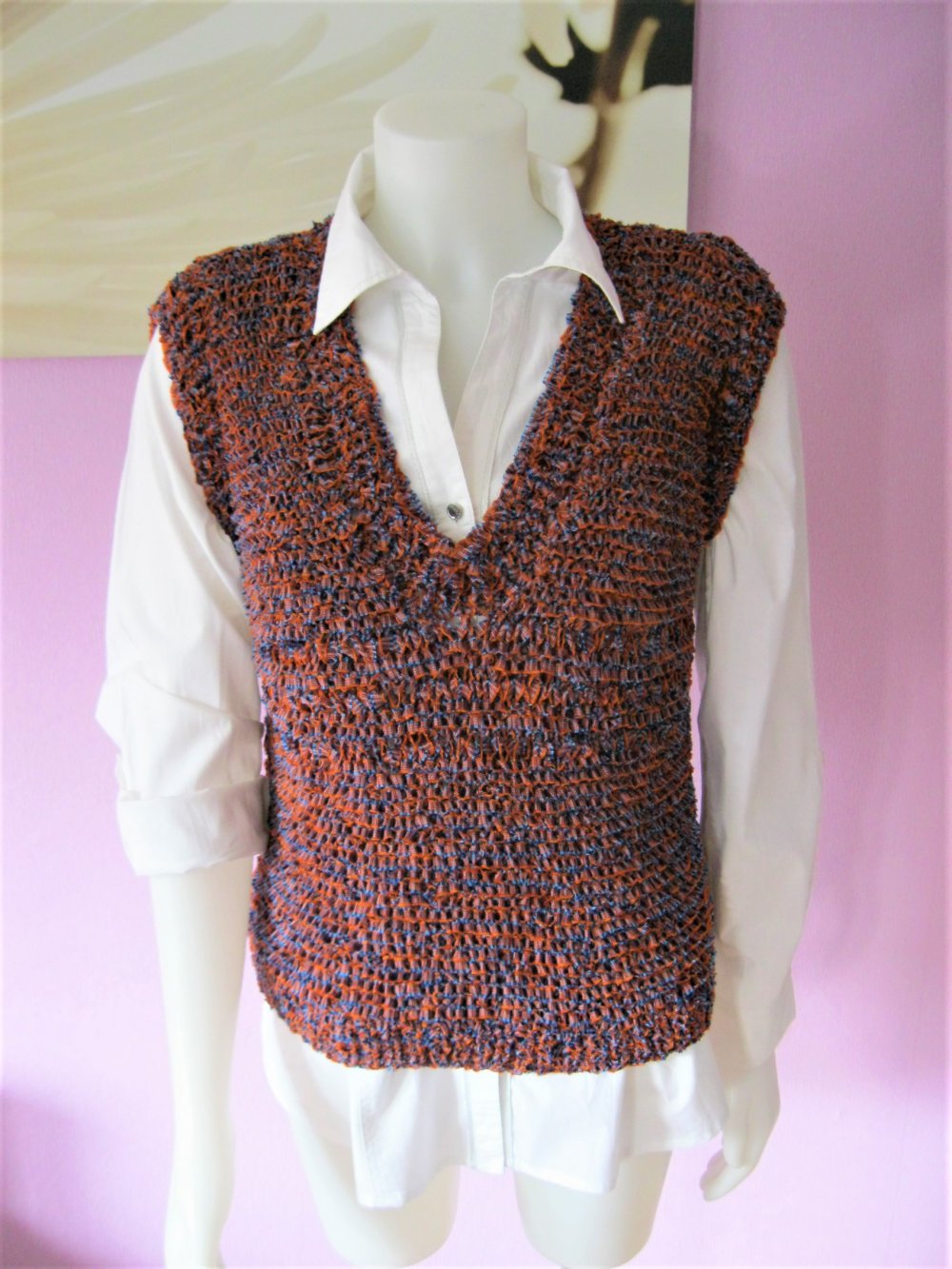 NEU ärmelloser Pulli/Pullunder mit Schal gestrickt Handmade Blau/orange meliert S-L