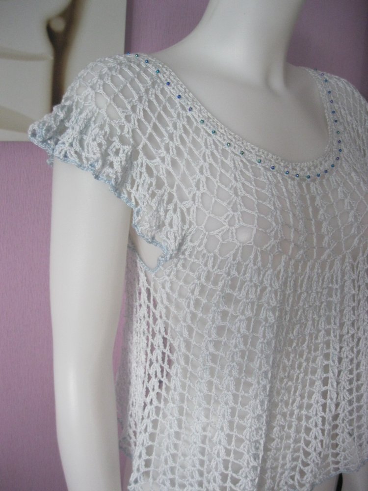 NEU Häkel-Shirt Bluse Baumwolle/Viskose Perlen blau Handmade S-L Hellblau