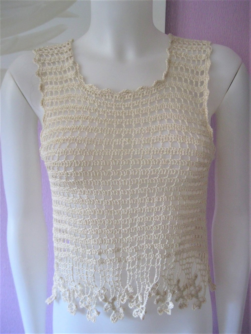 NEU Tank-Top Handmade gehäkelt 100% Baumwolle Beige S/M