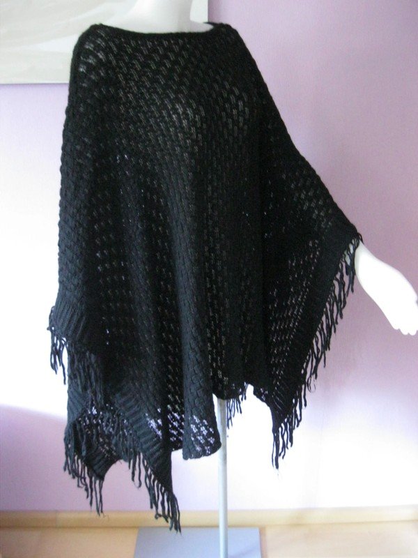 Made In Italy Poncho Strick Lana Alpaka Fransen Schwarz Einheitsgröße