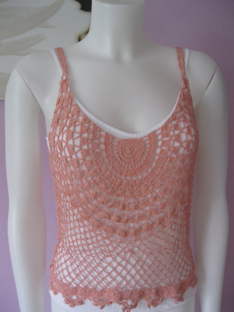 Spaghetti-Top gehäkelt NEU handmade lachsfarben 100% Baumwolle M