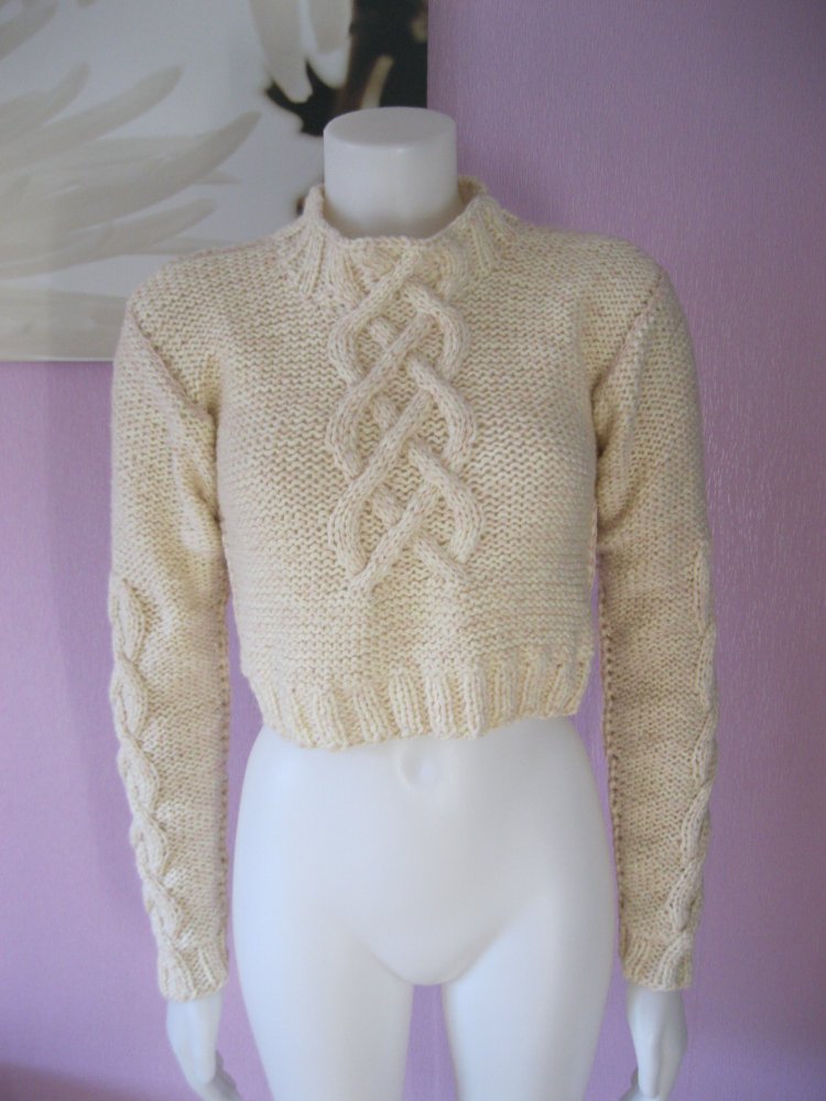 NEU Strickpullover Handmade 50% Schurwolle beige Stehkragen Cropped 36-40
