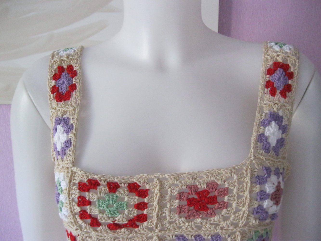 Crop Top Vintage Baumwolle Unikat beige/bunt S/M