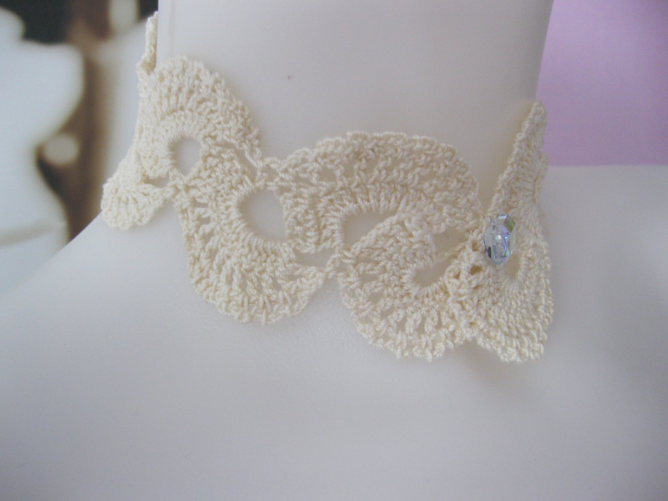 NEU Tattoo-Halsband Kropfband gehäkelt Spitze 100% Baumwolle Handmade Creme