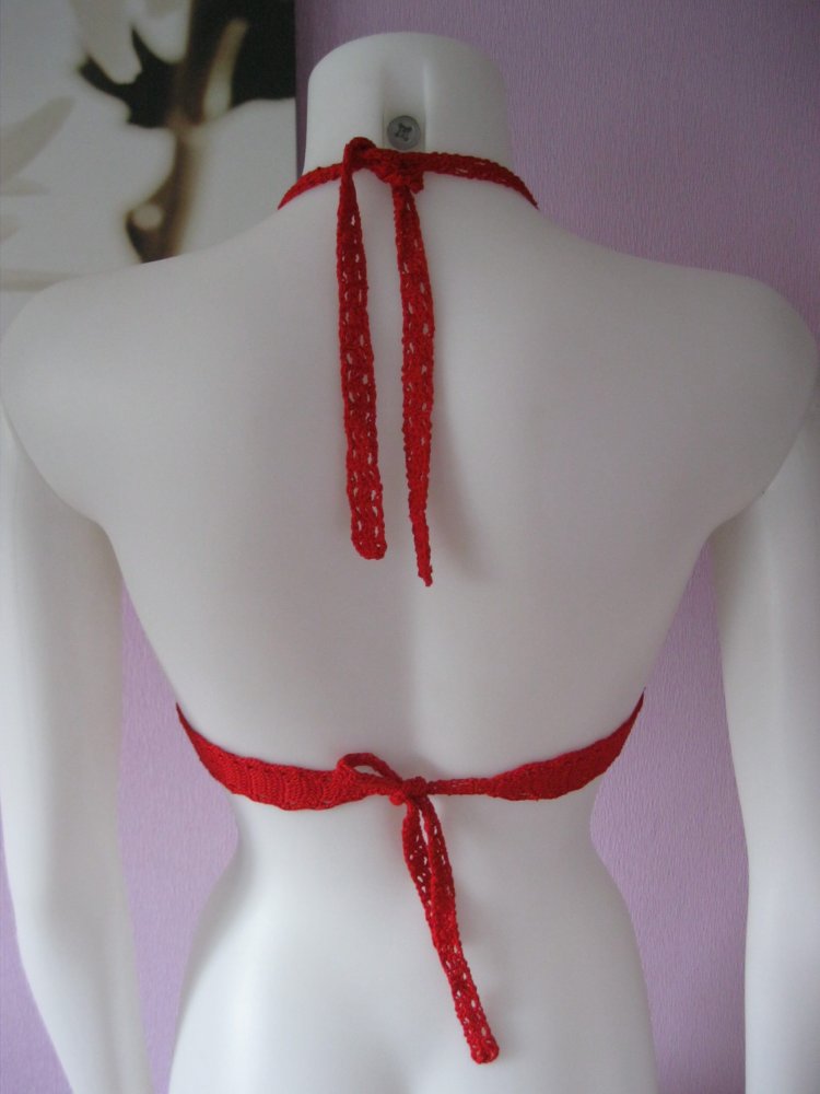 Bikini-Oberteil  Handmade  Netzspitze100% Baumwolle rot Vintage Cup A/B