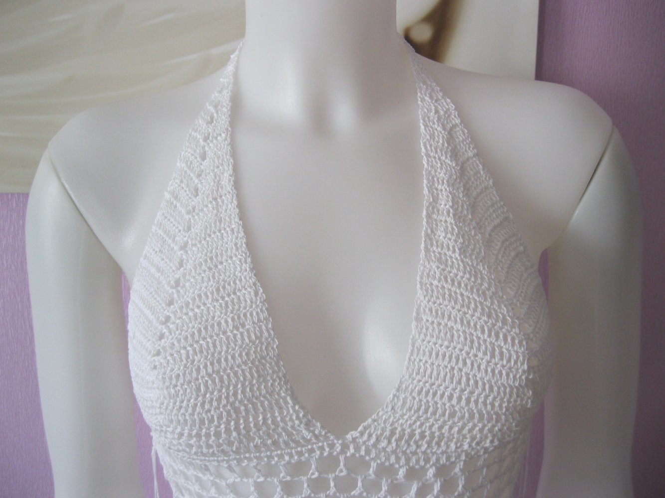 NEU Bikini-Oberteil gehäkelt Vintage Weiß 100% Baumwolle Cup A/B S/M